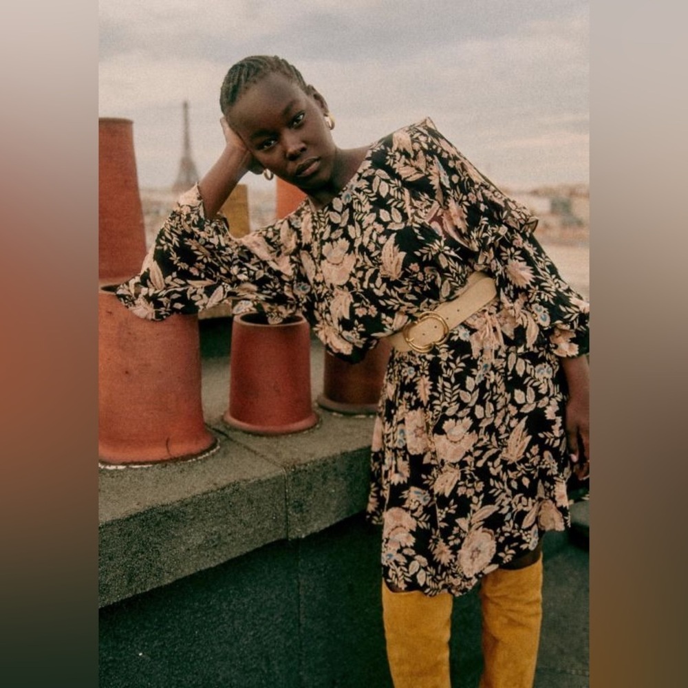 Sezane Lali Black Floral Print Dress